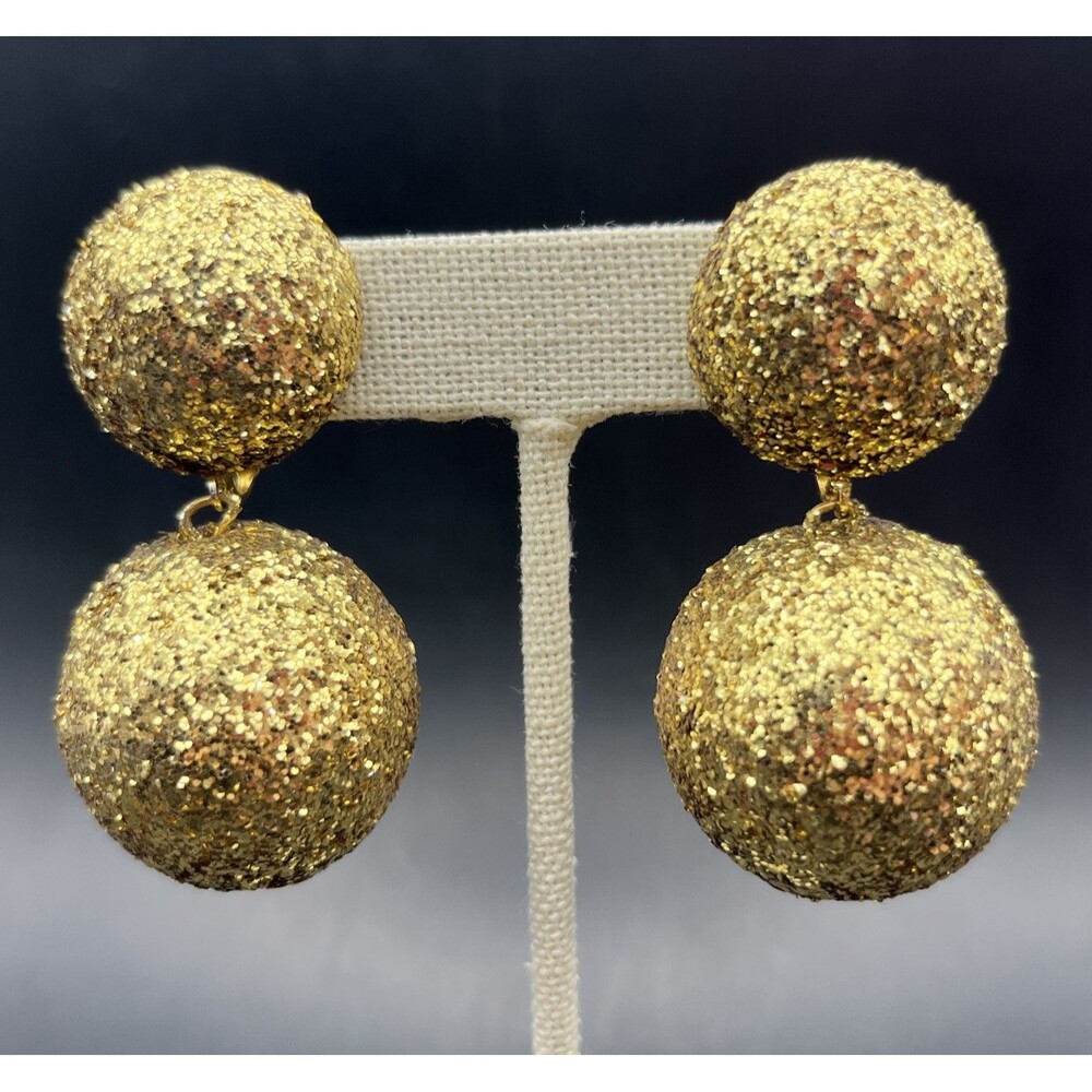 Les Bernard Big Bold Glitter Drop Dangle Earrings Chunky Gold Tone Glam Vintage